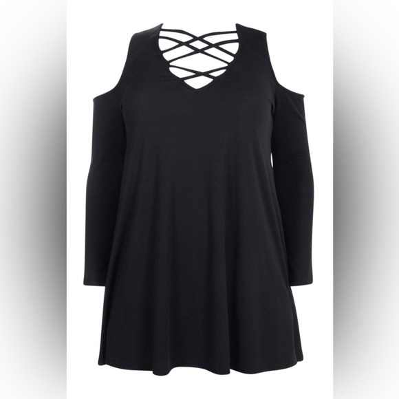 Boo Hoo Plus RIBBED OPEN SHOULDER SWING DRESS Black Size 16 - Picture 1 of 10